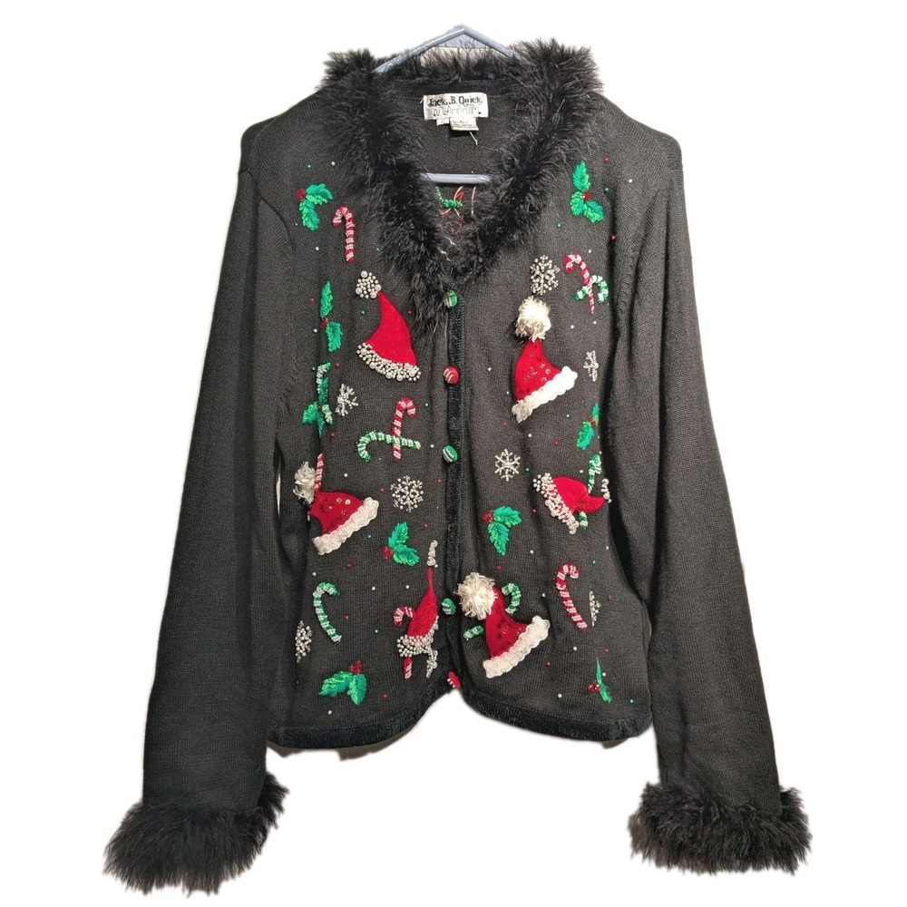 Jack B Quick Cardigan Button Up Sweater Women XL Xmas Beaded Sequin Fur Santa